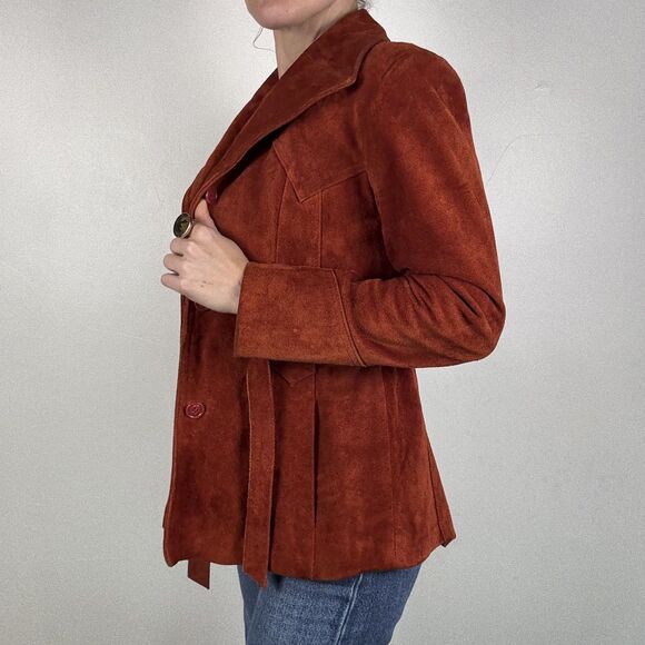 Vintage 70s Rust Suede Leather Jacket | Retro Belted Coat | Made in Korea - Picture 4 of 15